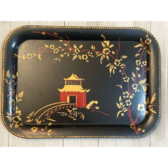 Vintage MCM Metal Serving Tray Chinoiserie Painted Tole Tray Black Gold Red - Picture 1 of 12